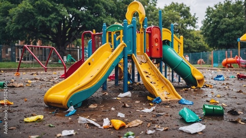 Wallpaper Mural neglected playground with colorful slides, litter, and fallen leaves, reflecting urban decay and the impact of time on community spaces Torontodigital.ca