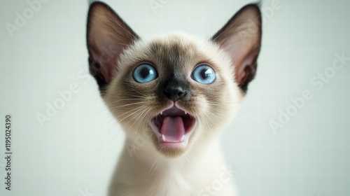 Siamese kitten meowing softly white background animal portrait cozy setting close-up adorable feline