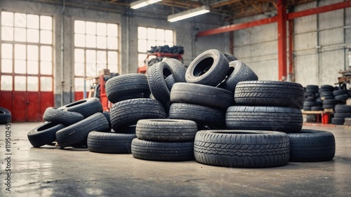 pile of used tires stacked inside a mechanic's workshop, highlighting the recycling potential and wear of automotive components photo