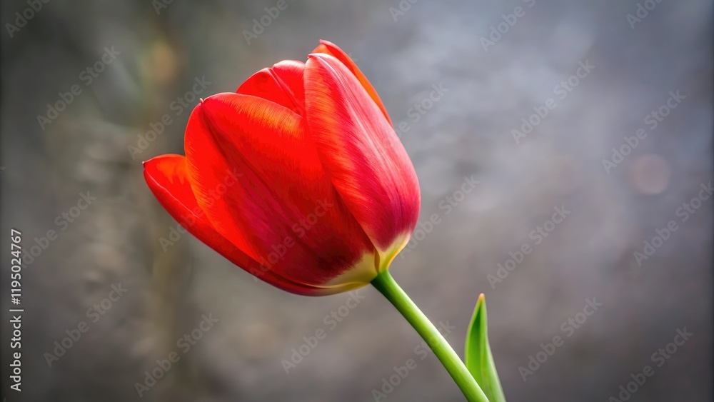 Fototapeta premium A close-up shot of a single long-stemmed red tulip with delicate petals, bloom, red