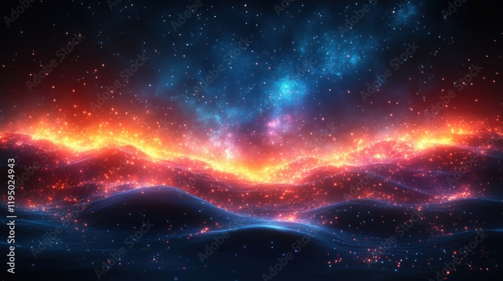 Fototapeta premium Abstract Cosmic Landscape with Vivid Colors and Stars Creating a Beautiful Interstellar Scene in Shades of Blue, Orange, and Purple Against a Dark Background