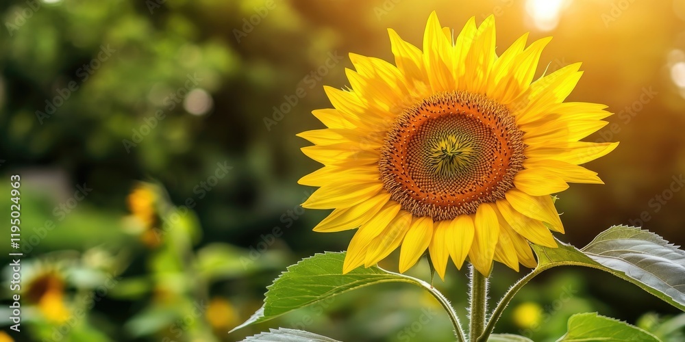 Fototapeta premium Vibrant sunflower in a lush green garden with sunlight shining from the top right creating a warm golden glow highlighting the petals and leaves