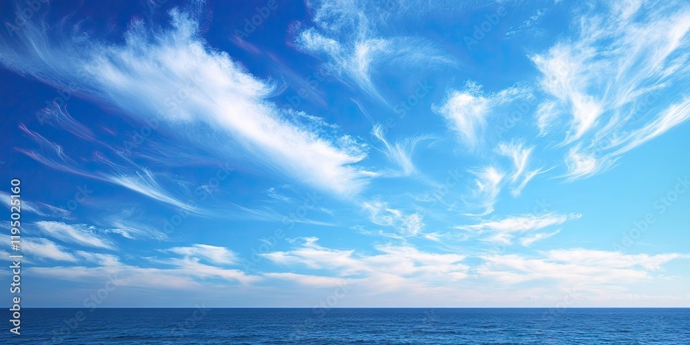 Obraz premium Vibrant blue summer sky with wispy white clouds stretching across the horizon above a serene ocean view under bright daylight