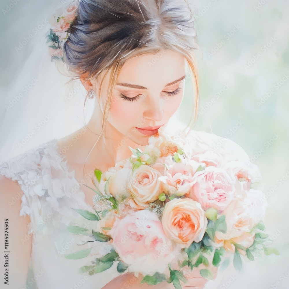 Obraz premium Bride smelling bouquet close-up, serene expression, soft floral tones, Watercolor style