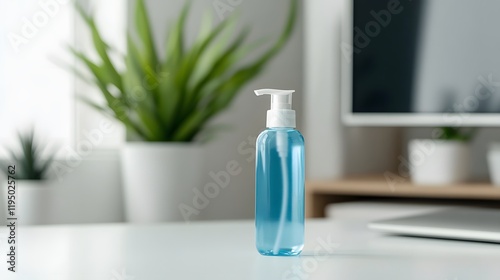 Bright blue cleaning spray bottle on modern desk, minimalistic decor with plants, promotes cleanliness and organization. photo