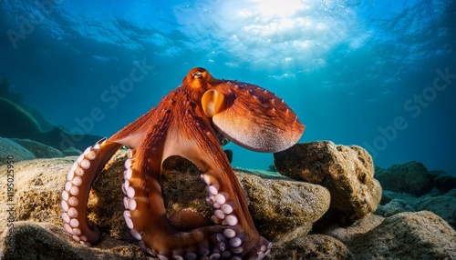 vibrant octopus resting on rocks illuminated by gentle sunlight photo