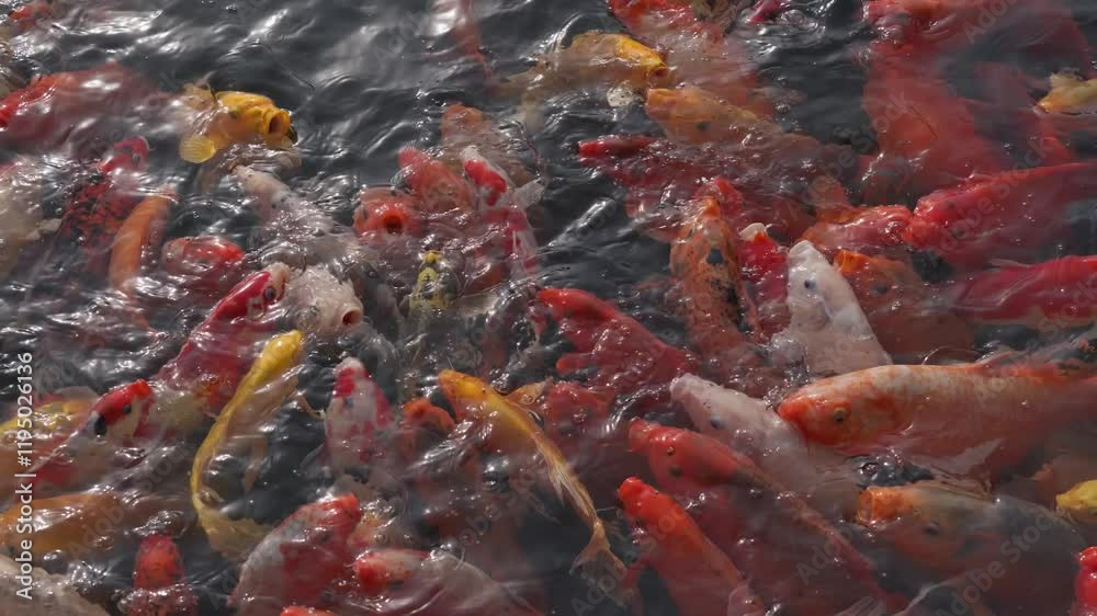 Koi fish swim rapidly in a lively park pond, showcasing beautiful ornamental colors and patterns Koi fish swim rapidly in a lively park pond, showcasing beautiful ornamental colors and patterns