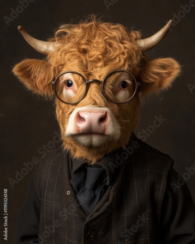 Petfluencer Highland cow with golden-brown curls, dressed in a dark leather vest , round spectacles, exuding a scholarly vibe in a minimalist studio with warm, neutral tones photo