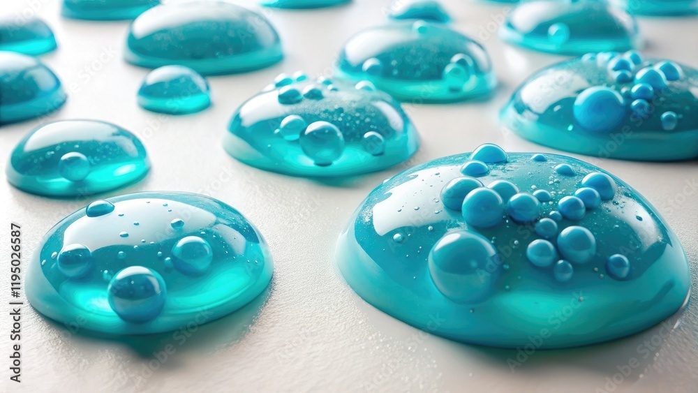 A collection of small, rounded blobs of aqua slime gather on a white surface, emitting a sense of movement and energy, fluid physics, collective motion A collection of small, rounded blobs of aqua slime gather on a white surface, emitting a sense of movement and energy, fluid physics, collective motion