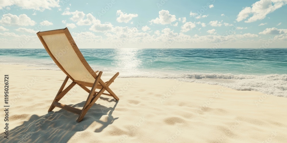 Lone wooden beach chair with light fabric on sandy shore under a bright blue sky with soft clouds and glistening ocean waves creating a serene vibe Lone wooden beach chair with light fabric on sandy shore under a bright blue sky with soft clouds and glistening ocean waves creating a serene vibe