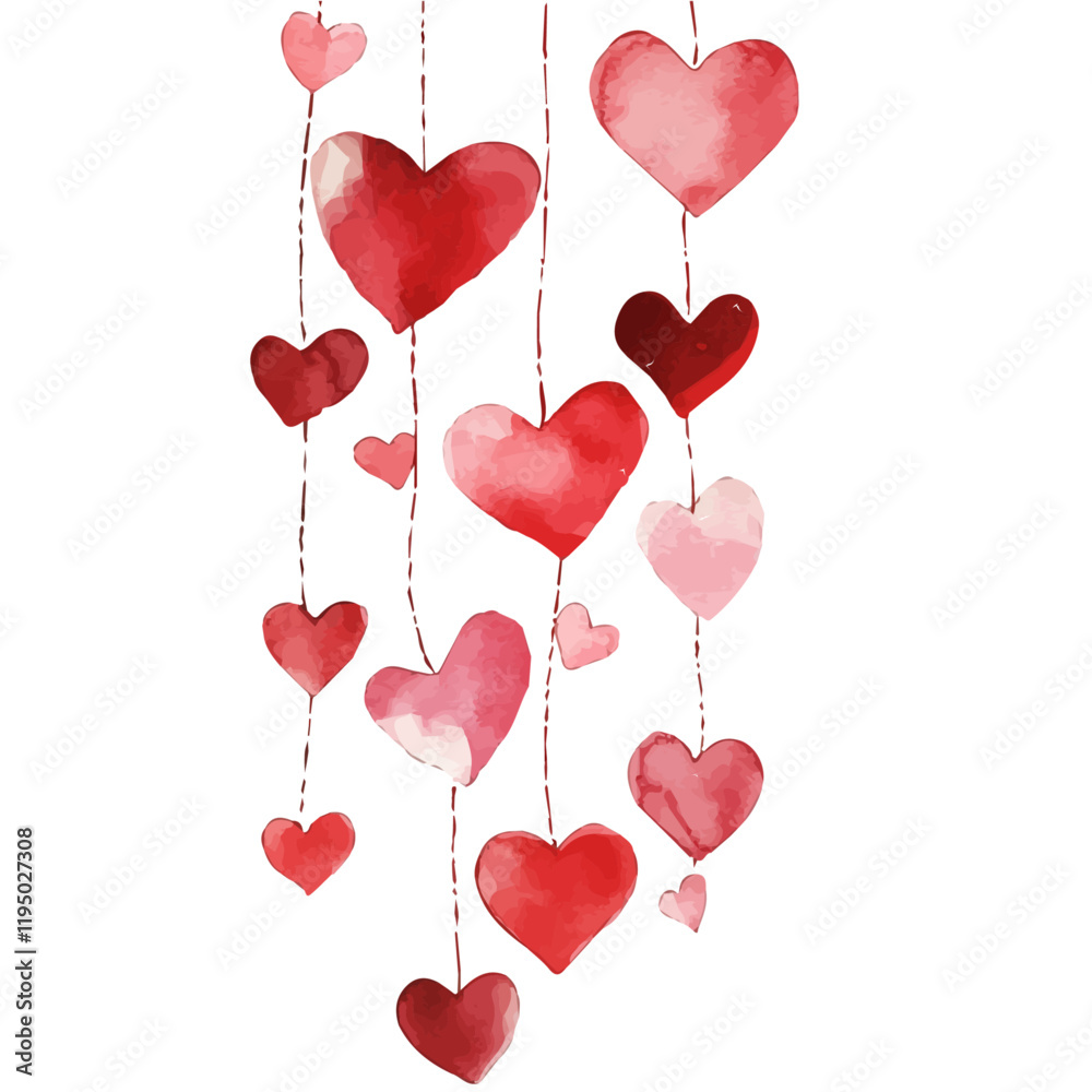 A watercolor of string of hearts, isolated on a white background. String of hearts vector.
A watercolor of string of hearts, isolated on a white background. String of hearts vector.