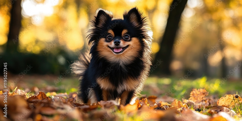 Playful black and tan Pomeranian puppy with a joyful expression standing among autumn leaves in a sunlit park blurred background green and orange hues Playful black and tan Pomeranian puppy with a joyful expression standing among autumn leaves in a sunlit park blurred background green and orange hues