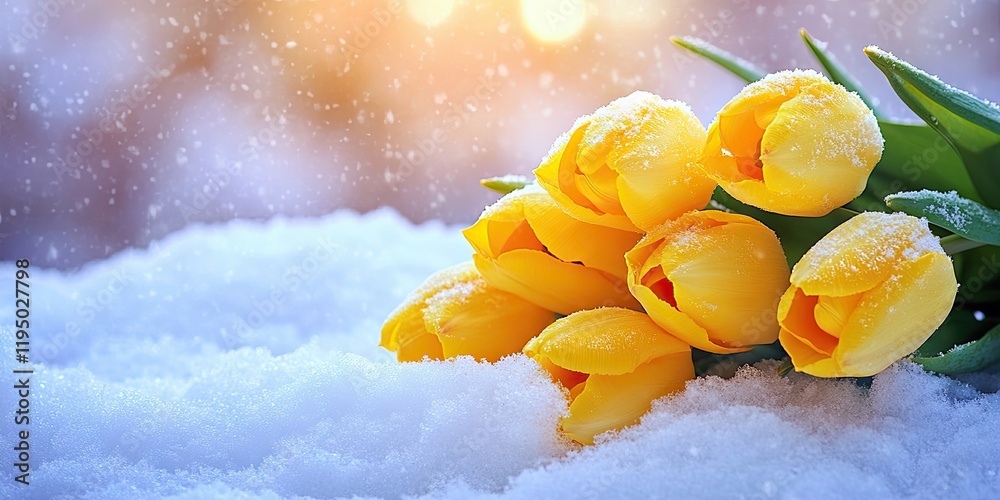 Yellow tulips resting on snow with a soft focus background and warm bokeh light creating a serene winter spring transition ambiance Yellow tulips resting on snow with a soft focus background and warm bokeh light creating a serene winter spring transition ambiance