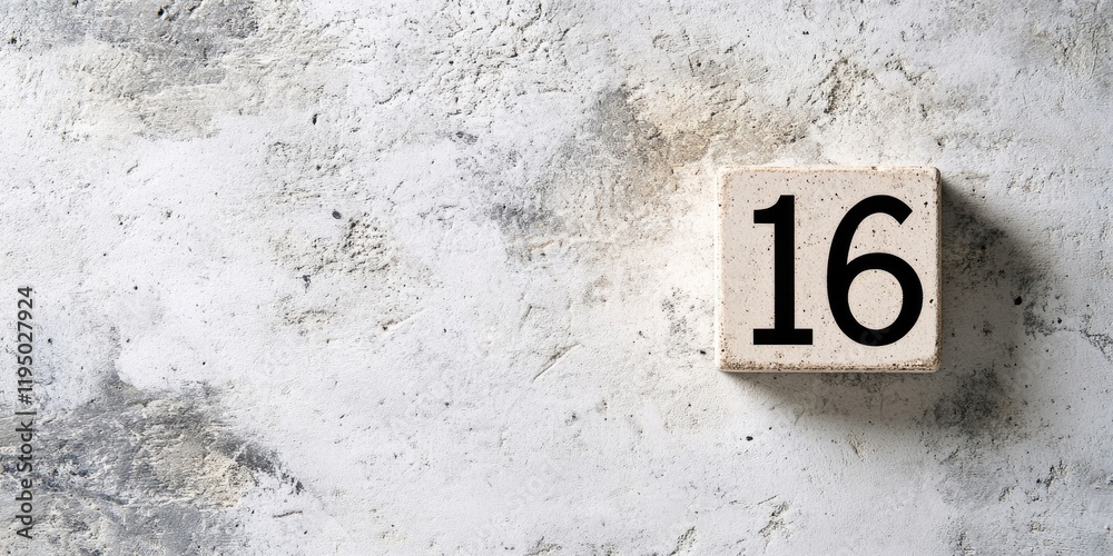 Calendar block with bold number 16 on mottled white background with textured gray patterns ample copy space for marking special dates or events Calendar block with bold number 16 on mottled white background with textured gray patterns ample copy space for marking special dates or events