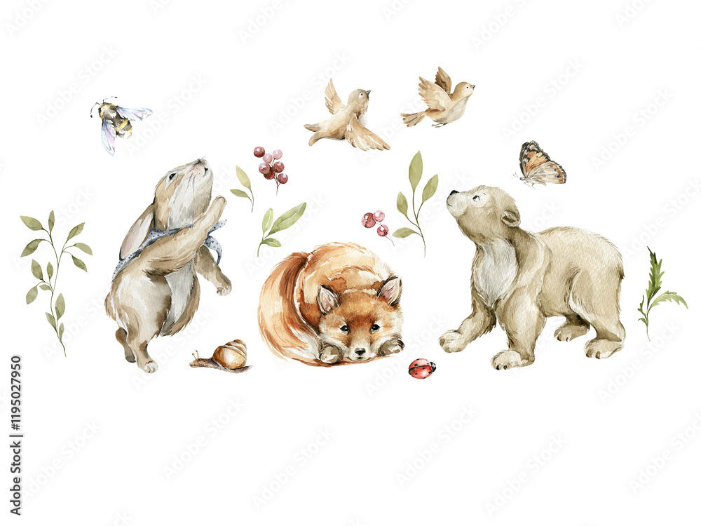Fototapeta premium Watercolor nursery woodland composition with character. Hand painted cute baby animals in wild, forest summer landscape, tree, fox, birds, bunny, bear. illustration for baby shower, kids print