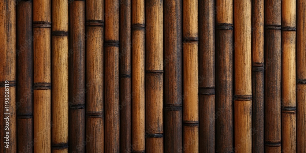 Fototapeta premium Bamboo texture wall with warm brown tones, linear pattern of vertical and horizontal bamboo sticks creating a natural rustic backdrop.