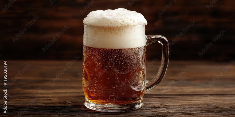 Golden beer glass with creamy white foam positioned to the right on a rustic dark wooden table background showcasing rich textures and tones. Golden beer glass with creamy white foam positioned to the right on a rustic dark wooden table background showcasing rich textures and tones.