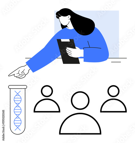 Person holding clipboard gestures toward test tube with DNA and group of figures. Ideal for genetics, science, research, laboratory studies, teamwork, education, and abstract line flat metaphor