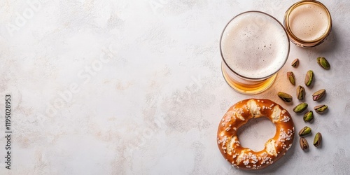 Beer in a glass on the left, with a mini pretzel and scattered pistachios on a light stone background, ample negative space on the right. photo