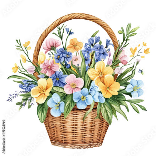 A watercolor of a Spring Beauty bouquet in a basket, isolated on a white background. Spring Beauty vector.
