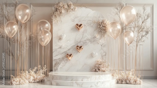 Elegant Marble Backdrop with Balloons and Hearts:  A sophisticated and romantic backdrop featuring a pristine marble wall adorned with delicate floral accents, shimmering balloons.