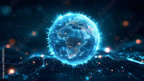 Wallpaper Mural Digital Earth hologram with neon stripes, representing global connectivity and innovation. Torontodigital.ca