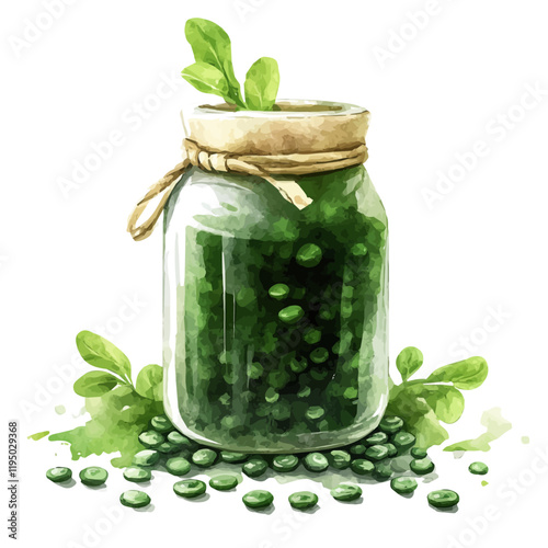 A watercolor vector of Spirulina, isolated on a white background. Spirulina vector.
