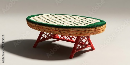 Rattan picnic table with green top and red basketweave legs showcasing a classic leisure design set against a neutral background photo