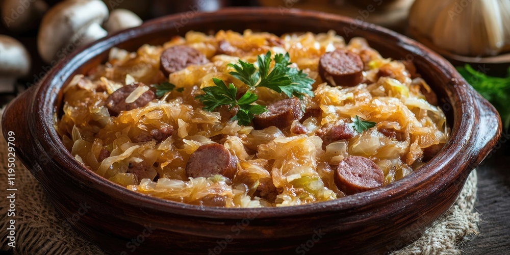 Rustic bowl of bigos with finely chopped sauerkraut fresh cabbage and sausage garnished with parsley on textured burlap background earthy tones Rustic bowl of bigos with finely chopped sauerkraut fresh cabbage and sausage garnished with parsley on textured burlap background earthy tones