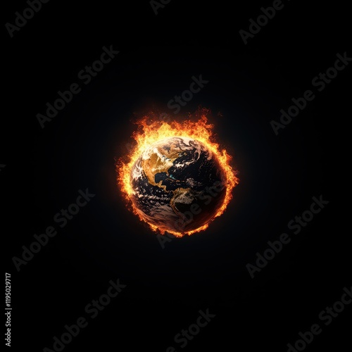 A globe engulfed in flames symbolizes the pressing climate crisis and the significant environmental devastation that our planet is currently experiencing in these modern times photo