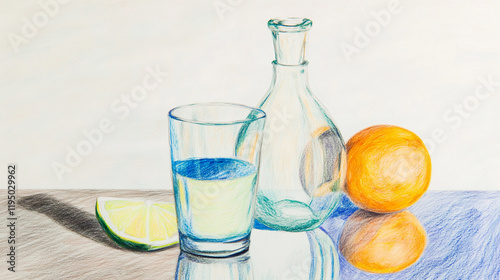 Still Life: Orange, Lemon, and Glass Vase Arrangement