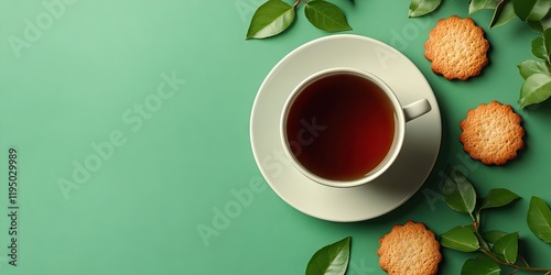 Black tea in a white cup on a vibrant green background with tea biscuits and fresh leaves arranged artistically around the cup photo