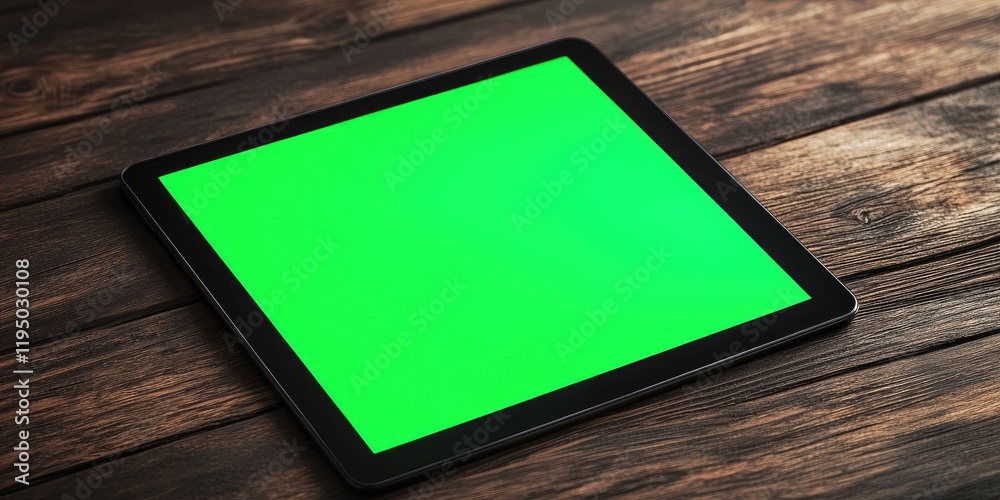 Black tablet with a vibrant green screen positioned diagonally on a rustic wooden table, ideal for showcasing creative design concepts. Black tablet with a vibrant green screen positioned diagonally on a rustic wooden table, ideal for showcasing creative design concepts.