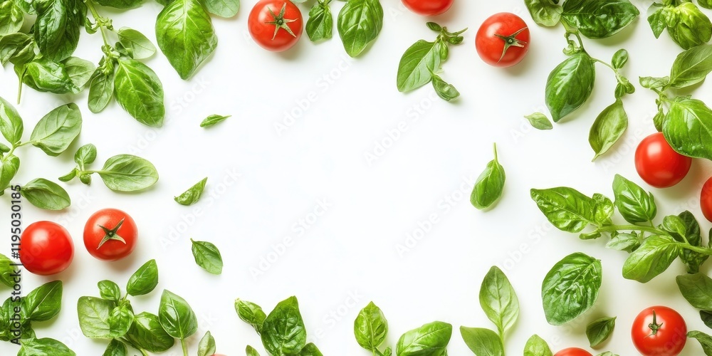 Fresh basil and vibrant red tomatoes arranged symmetrically on a white background creating a natural frame with a clear center space.