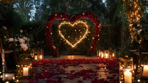 Romantic Garden Proposal: A magical pathway of rose petals leads to a heart-shaped floral arch, illuminated by warm fairy lights.