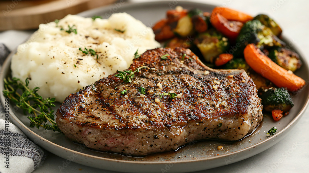 A garlic parmesan crusted steak served with a side of roasted vegetables and mashed potatoes. A garlic parmesan crusted steak served with a side of roasted vegetables and mashed potatoes.