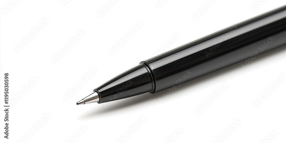 Black ballpoint pen with a glossy finish placed diagonally on a clean white background showcasing the silver tip and sleek design Black ballpoint pen with a glossy finish placed diagonally on a clean white background showcasing the silver tip and sleek design