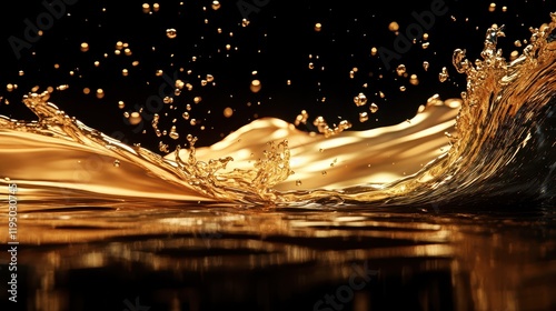 Liquid gold splash creates mesmerizing patterns of brilliance and texture in a dark background, highlighting the beauty of flowing liquid at the moment of impact with the surface