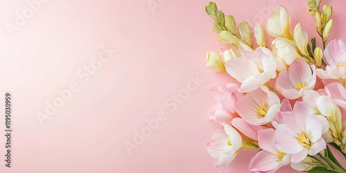 Wallpaper Mural Floral arrangement of white and pink freesia flowers in the bottom right corner on a soft pink pastel background with space for text on the left Torontodigital.ca