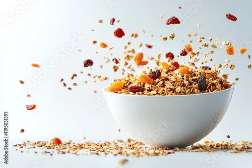 Bowl of granola with a mix of dried fruit and nuts.