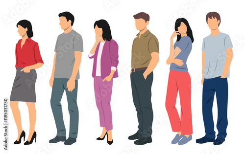 Group of young men and women , profile, different colors, cartoon character, silhouettes of standing business people, students, design concept of flat icon, isolated on white background