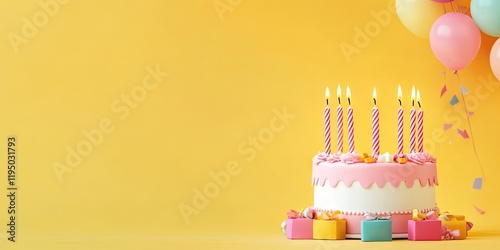 Pink birthday cake with decorated candles and gift boxes on yellow background; balloons on the right side and ample copy space on the left.