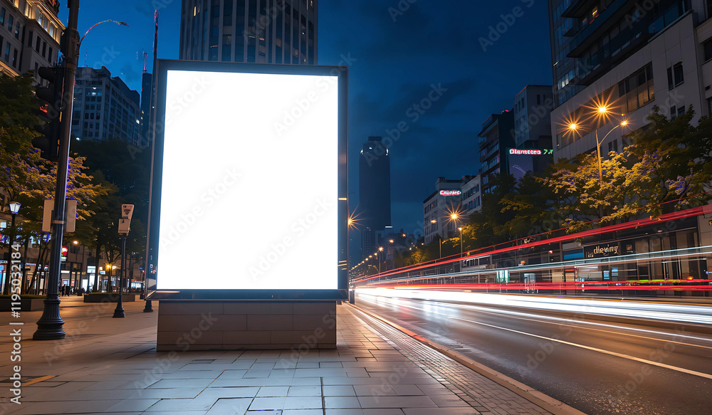 A blank billboard glows on a busy city street at night, car lights streaking past. A blank billboard glows on a busy city street at night, car lights streaking past.