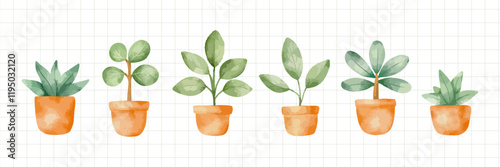 Vector watercolour flower pot collection. Potted flower clip art. 