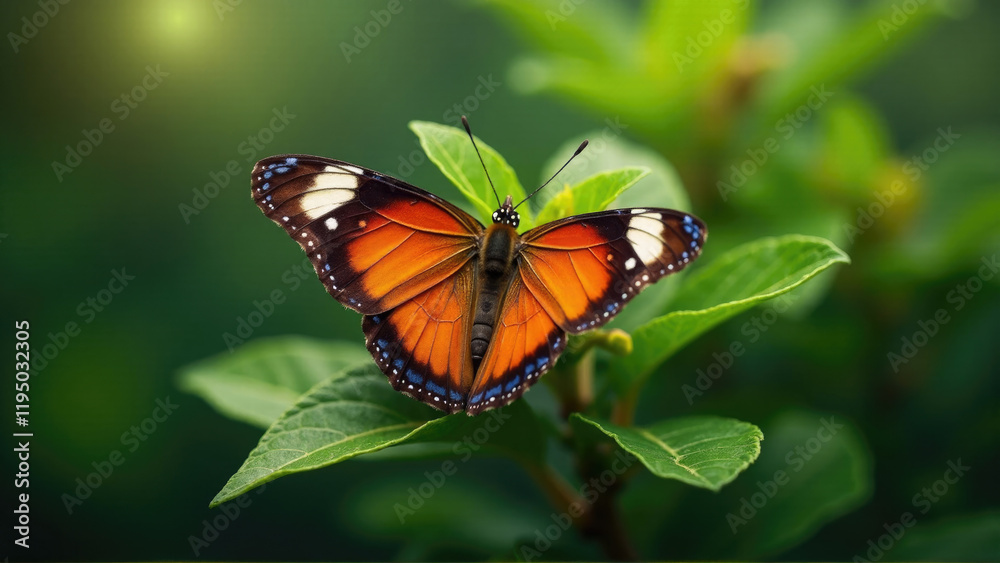 Fototapeta premium Monarch butterfly resting on green leaves in a lush garden under bright daylight