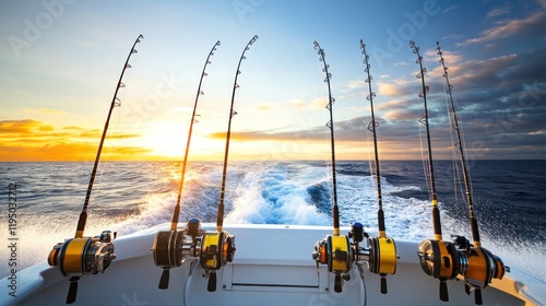 Fishing rods on a boat with a sunset backdrop, ready for a day of deep-sea fishing.