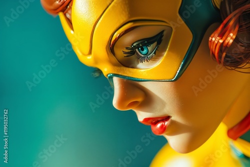 A close up of a woman wearing a yellow mask. photo