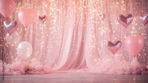Romantic Pink Balloon Backdrop: A soft, romantic backdrop features a shimmering pink tulle curtain adorned with pink and white balloons, creating a magical atmosphere perfect for a wedding.