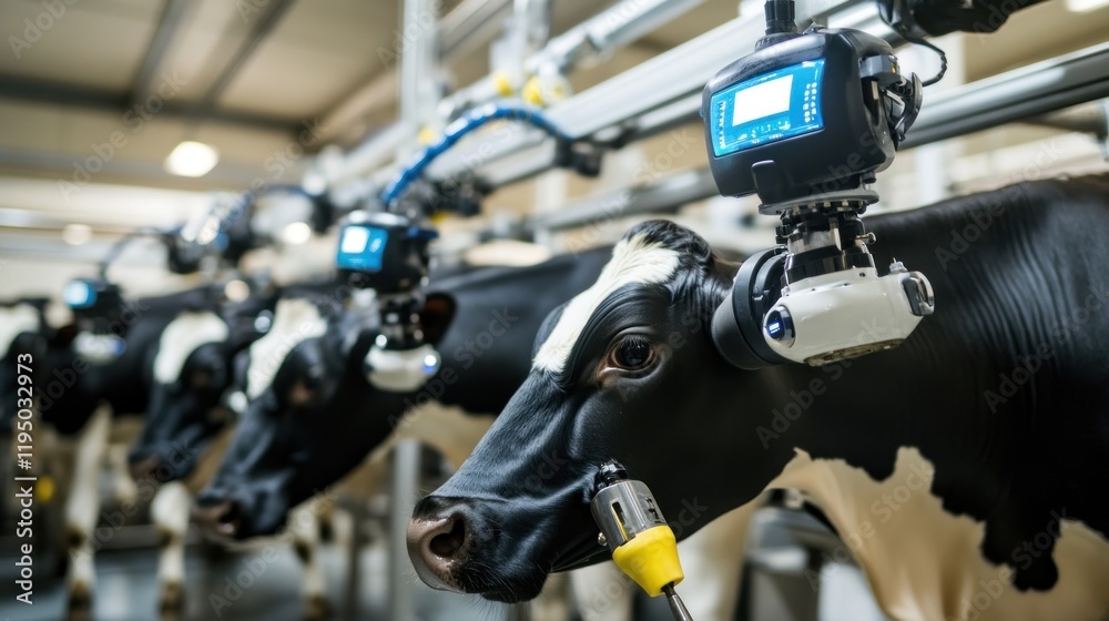 Automated milking system with cows in a modern dairy farm setting. Automated milking system with cows in a modern dairy farm setting.