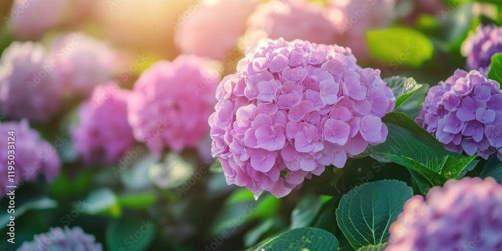 Lilac hydrangea blooms in soft focus with vibrant green leaves in a summer garden, warm sunlight creating a serene and inviting atmosphere. Lilac hydrangea blooms in soft focus with vibrant green leaves in a summer garden, warm sunlight creating a serene and inviting atmosphere.